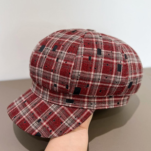 2025年新款格纹方块八角帽子女时尚文艺复古出游鸭舌帽气质报童帽