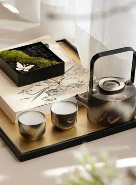 八度空间新中式现代样板间客厅茶几茶具甲骨文竹简组合搭配摆件