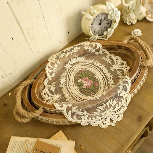 麻绳拉手盘套二杉木制椭圆形托盘走珠蛋糕盘复古桌面收纳摆件