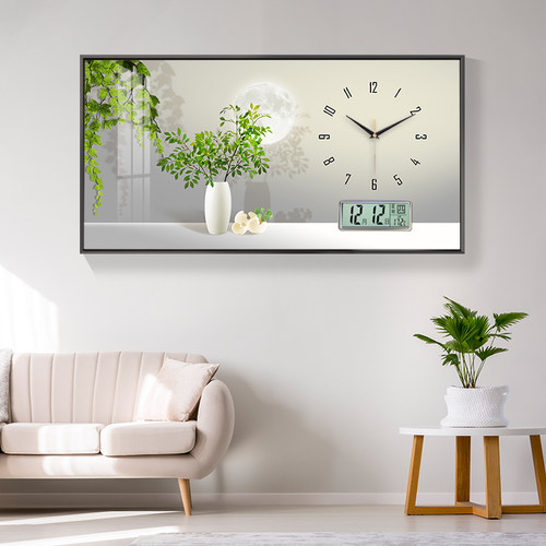 装饰画挂钟简约轻奢绿植数字钟表客厅静音时O钟家用装饰挂画大气