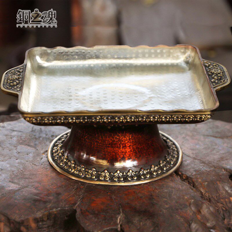 藏式果盘紫铜复古茶盘托盘少v数民族手工铜盘圆方形摆件特色工艺