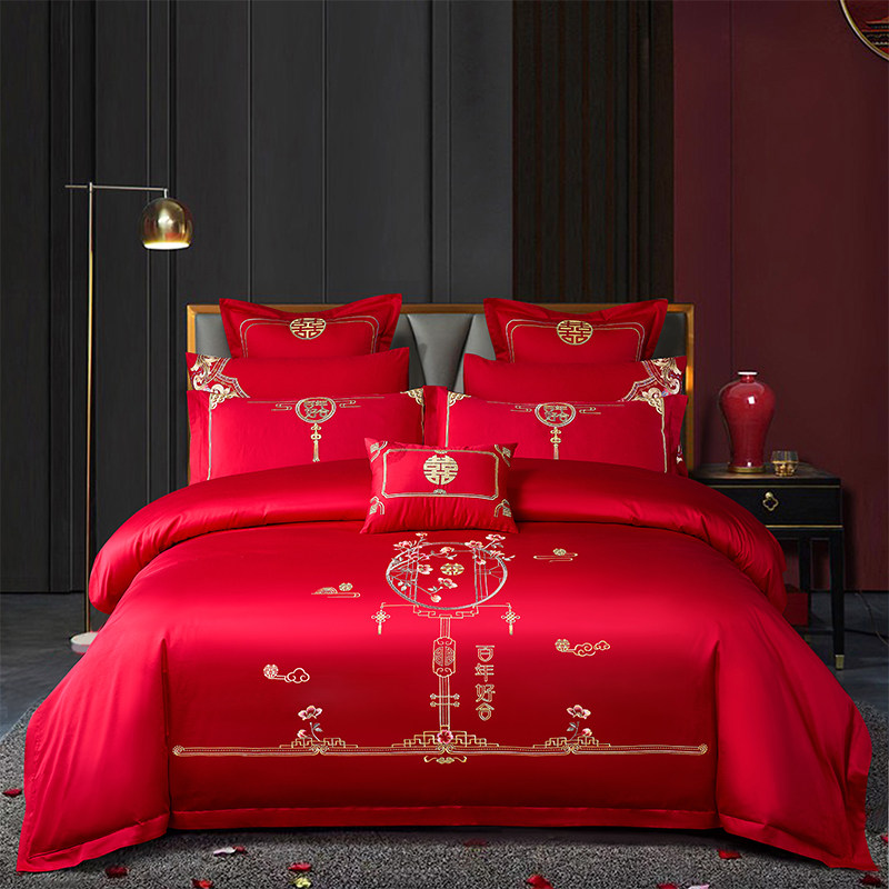 高端婚庆四件套大红全棉刺绣喜被C套床单结婚房嫁礼房床上用品欧