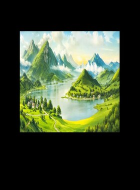 青山绿水装饰画办公室背景墙客厅玄关正方形挂画聚V宝盆招财靠山