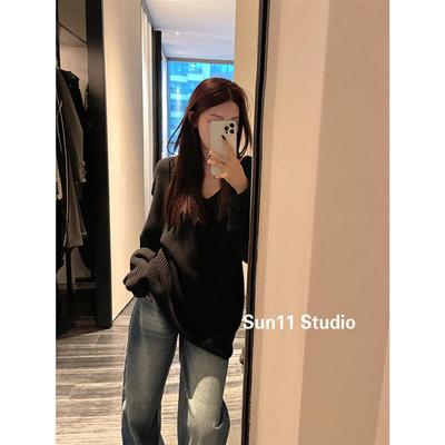 SUNONEONE黑色宽松V领毛衣女春秋新款慵懒风高级感长袖针织衫上衣