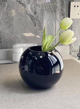 HJM-现代简约原黑色圆球玻璃花瓶客厅书房插花艺酒店婚庆软装饰品