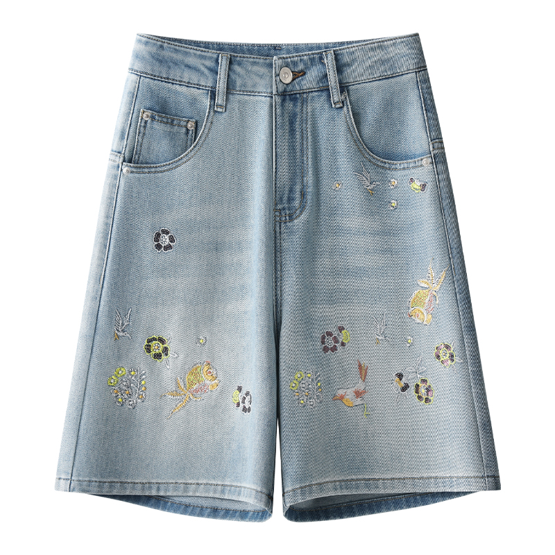 天丝刺绣牛仔短裤女2025新款冬季爆款高腰宽松直筒阔腿裤五分中裤