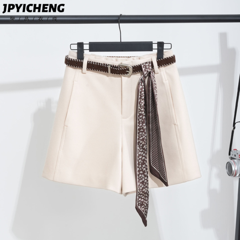 米白色毛呢阔腿短裤女2025新款秋冬款休闲裤高腰宽松小个子直筒裤