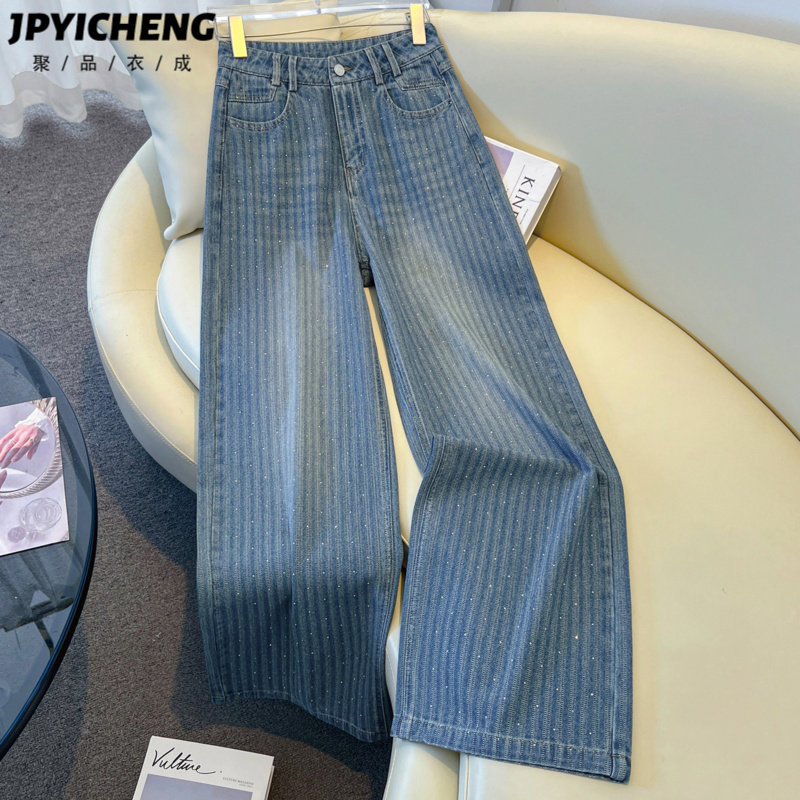 浅蓝色条纹烫钻阔腿牛仔裤女2026新款春季宽松慵懒松弛加长直筒裤