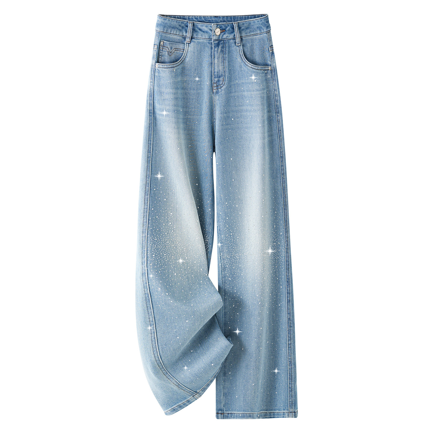 浅蓝色烫钻阔腿牛仔裤女2026新款春季美式复古慵懒松弛宽松直筒裤