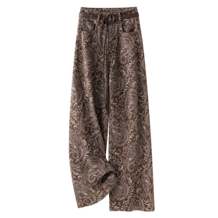 美式复古印花阔腿牛仔裤女2025新款冬季加绒高腰显瘦窄版直筒裤子