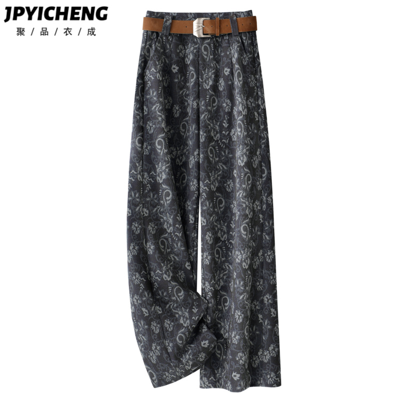 蓝色印花直筒牛仔裤女2025新款秋季梨型身材复古高腰宽松阔腿裤子