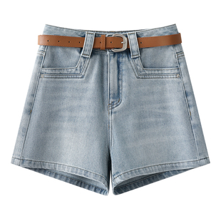 浅蓝色高腰牛仔短裤女2025新款冬季爆款美式复古a字阔腿裤子热裤