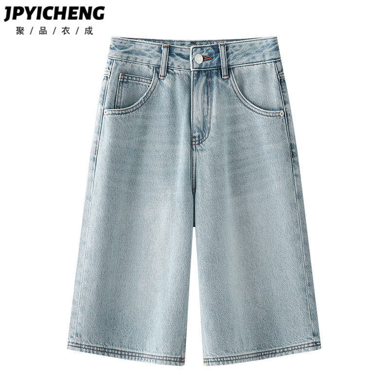 浅色阔腿牛仔短裤女2025新款夏季爆款高腰显瘦六分直筒裤宽松中裤