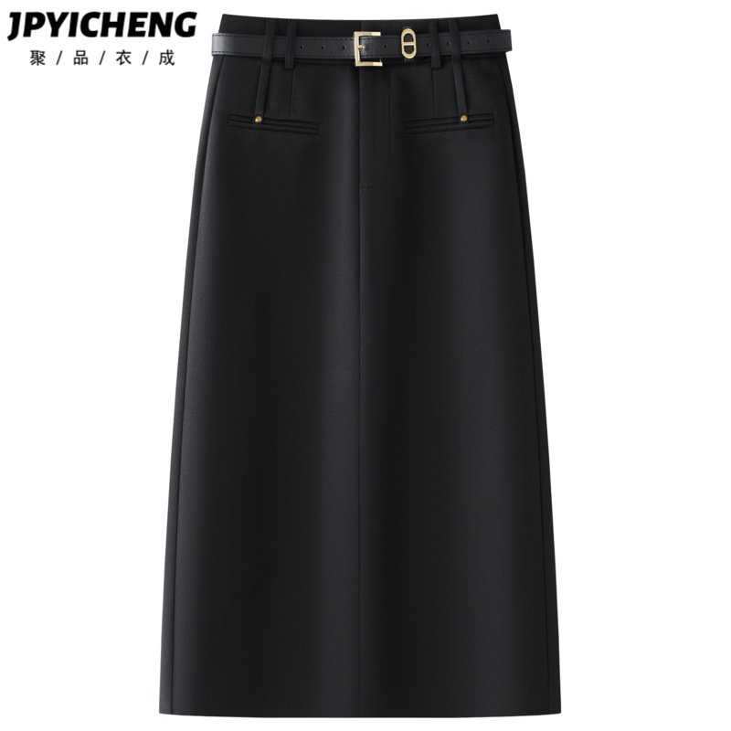 黑色西装半身裙女2025新款冬季高腰显瘦开叉包臀裙子高级感中长裙