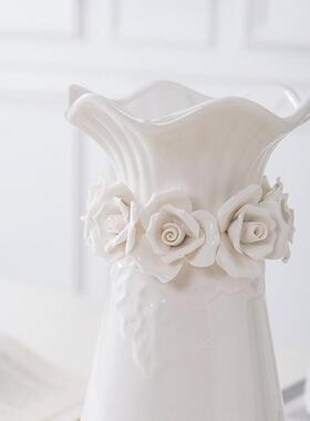 压花捏花陶瓷花瓶欧式小清新家居装饰新花容器白色高端精致覆古