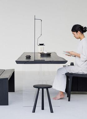 侘寂风碳化实木餐桌家用阳台茶桌白蜡木黑色桌子长方形书桌