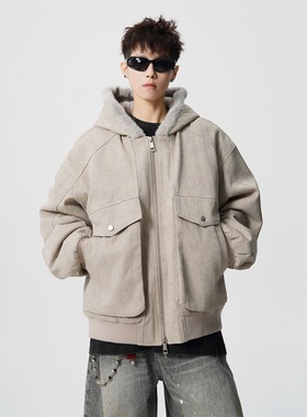16EME NORD美式复古连帽加绒短款加厚座山雕外套男冬季大口袋夹克