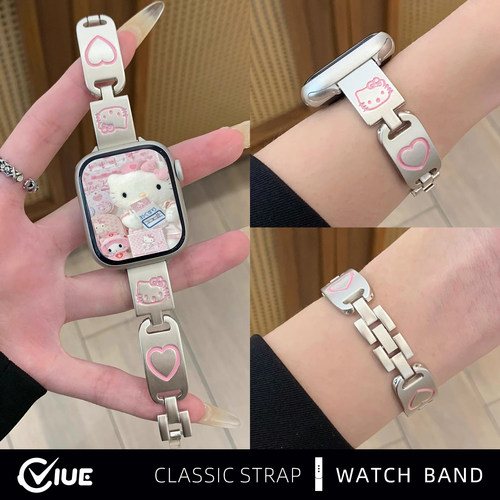 适用苹果applewatchS11手表带s10卡通Watch s9/8/7可爱小猫金属SE细手镯款SE高级小众ultra女士春夏季新款