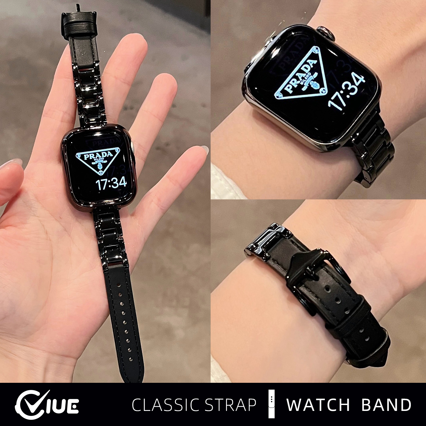 适用苹果apple watch S11手表表带iwatchS10代陶瓷拼皮质S9秋冬s7高级感女款ultra透气S8智能SE3替换腕带手链