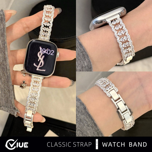 适用苹果applewatchs11手表带iwatchs10满天星镶钻s9金属s8春夏新款女生s7细款S6高级感小香风锆石se41/45mm