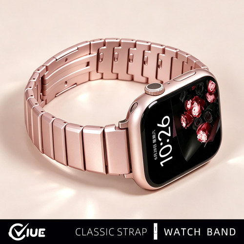 适用苹果iwatchS11手表表带applewatchS10夏天s9新款女S8小蛮腰S7全钛金属粉色S6透气SE高级智能腕带42/46mm