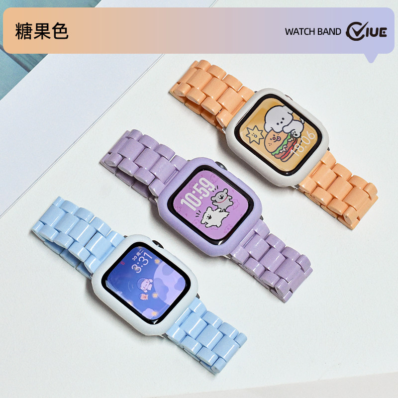 适用iwatch10糖果色表带s9手表applewatch智能手表壳s8彩色亚克非树脂三珠s7非树脂s6新款s5女款夏季手链腕带