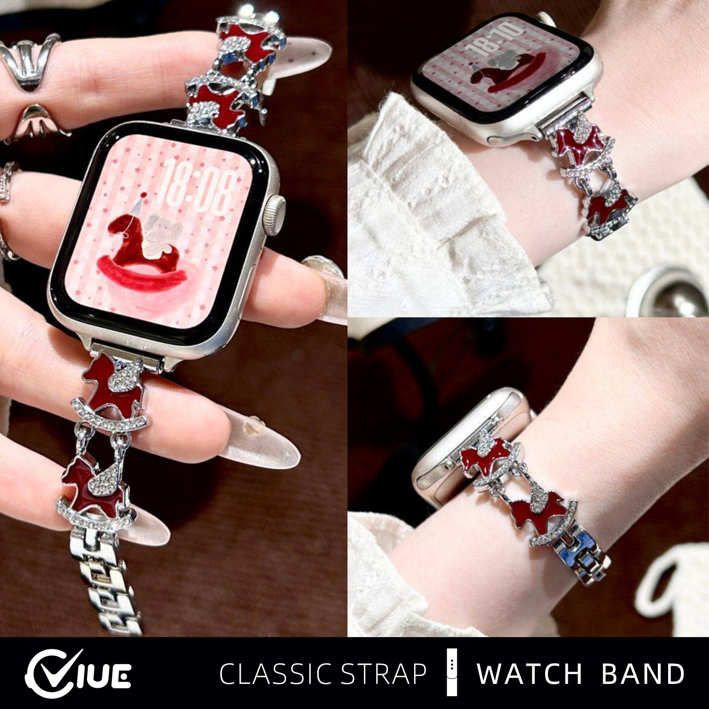 适用苹果iwatchs11手表带applewatchs10镶钻新年小马s9金属表链s8夏天s7女生S6高级感小众智能se替换腕表带
