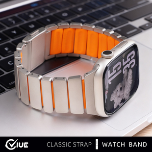 适用苹果applewatchs11表带磁吸全钛ultra3硅胶手表ultra2新款s10智能腕表s9专用s8新款s7男女金属高级链腕带