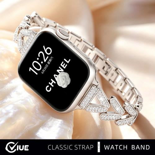 适用苹果iwatch s11手表带s10苹果手表流沙金镶钻s9钢带applewatchs7夏季新款ultra麦穗s6金属S8女夏季透气