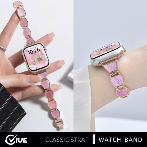 适用苹果applewatchs11手表带iwatchs10夏天新款s9女生s8贝母金属链式表带s7/6代高级感se智能替换腕带42mm