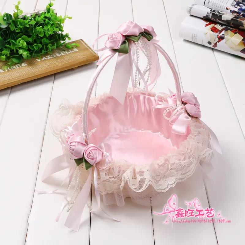 婚庆花篮手提藤编织蓝色的花童撒花收纳篮手提花篮韩式花瓣篮子撒