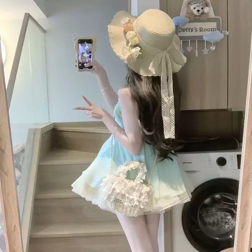 夏季田园风洛丽塔草编大檐帽海边