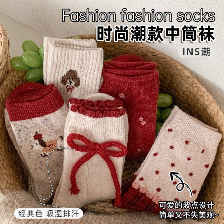 红色蝴蝶结羊绒女袜中筒秋冬加厚保暖红色鸿运袜新年可爱堆堆袜