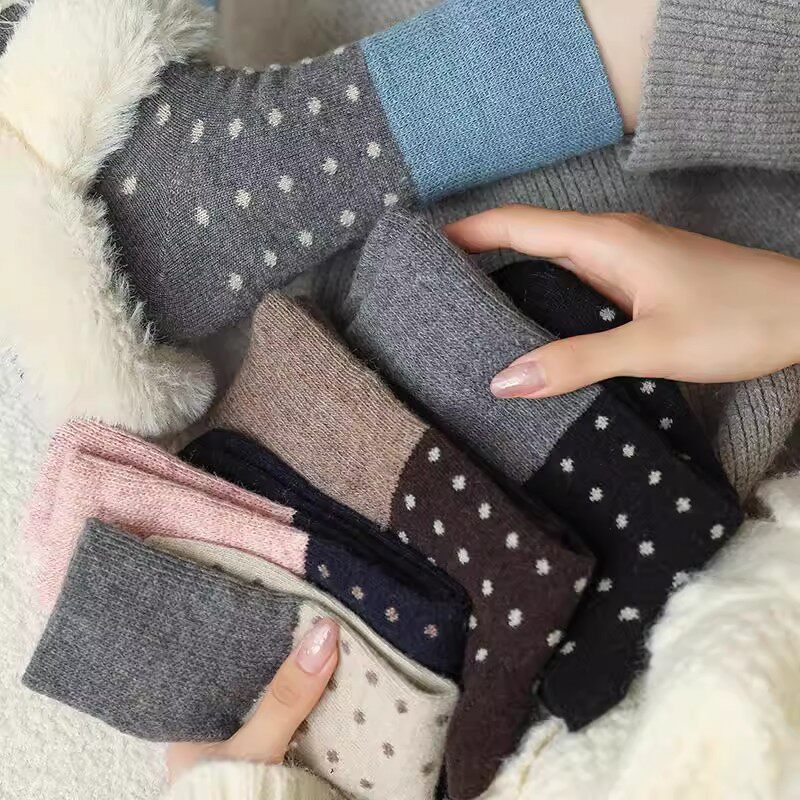 羊毛保暖袜子女中筒袜秋冬款加厚加绒圆点波点拼接冬天长袜堆堆袜