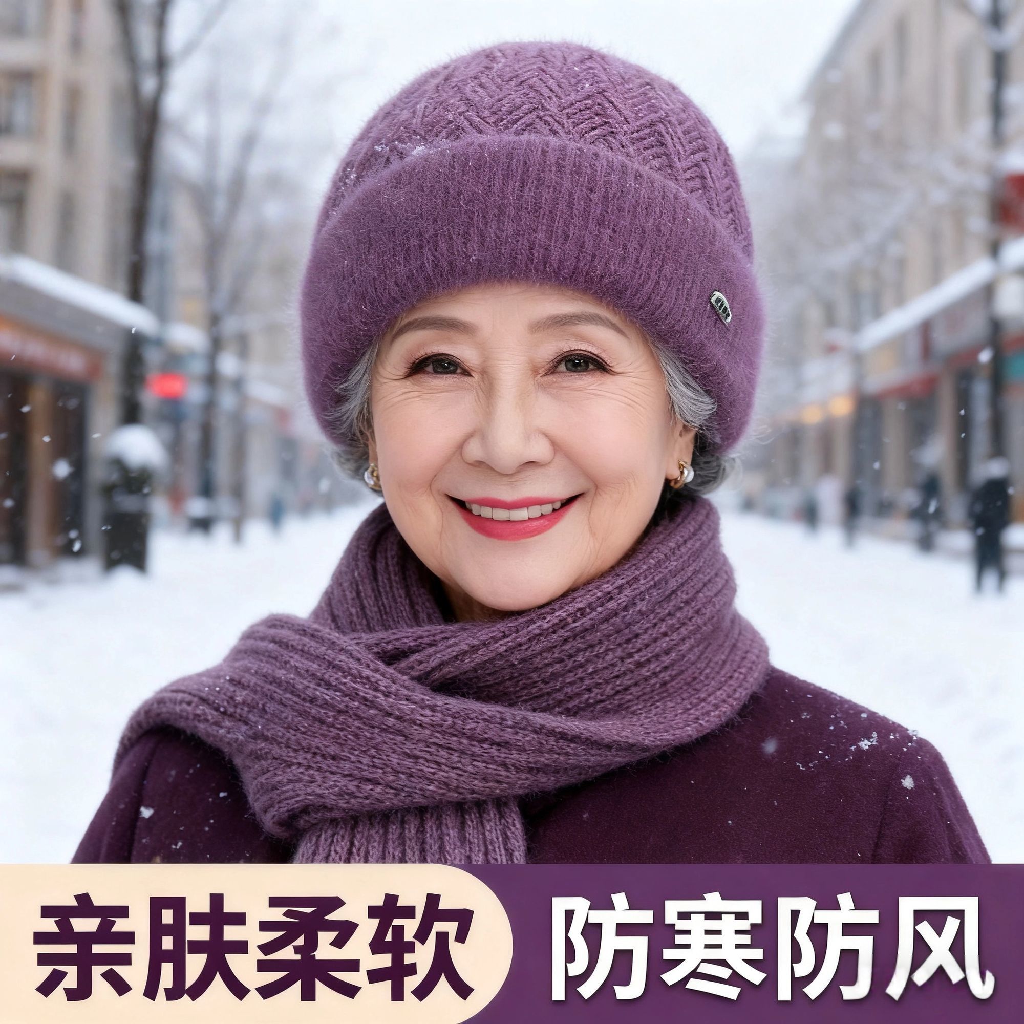 冬季老年人加绒棉帽妈妈奶奶帽子保暖针织加厚防寒棉帽围巾二件套