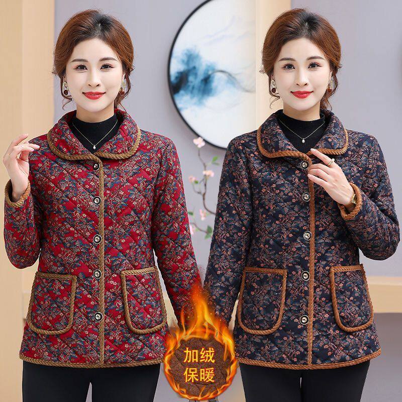 冬季新款加绒外套女加厚棉服中老年碎花保暖棉袄冬装防寒长袖棉衣