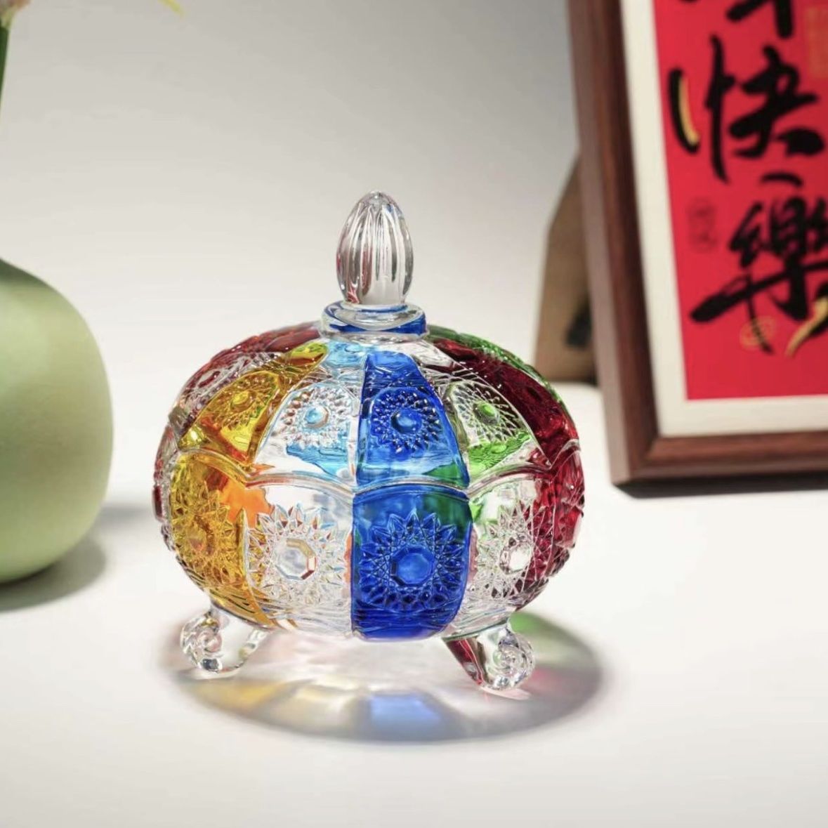 马年新春彩绘玻璃三足带盖储物罐富足圆满摆件新年乔迁送礼首选