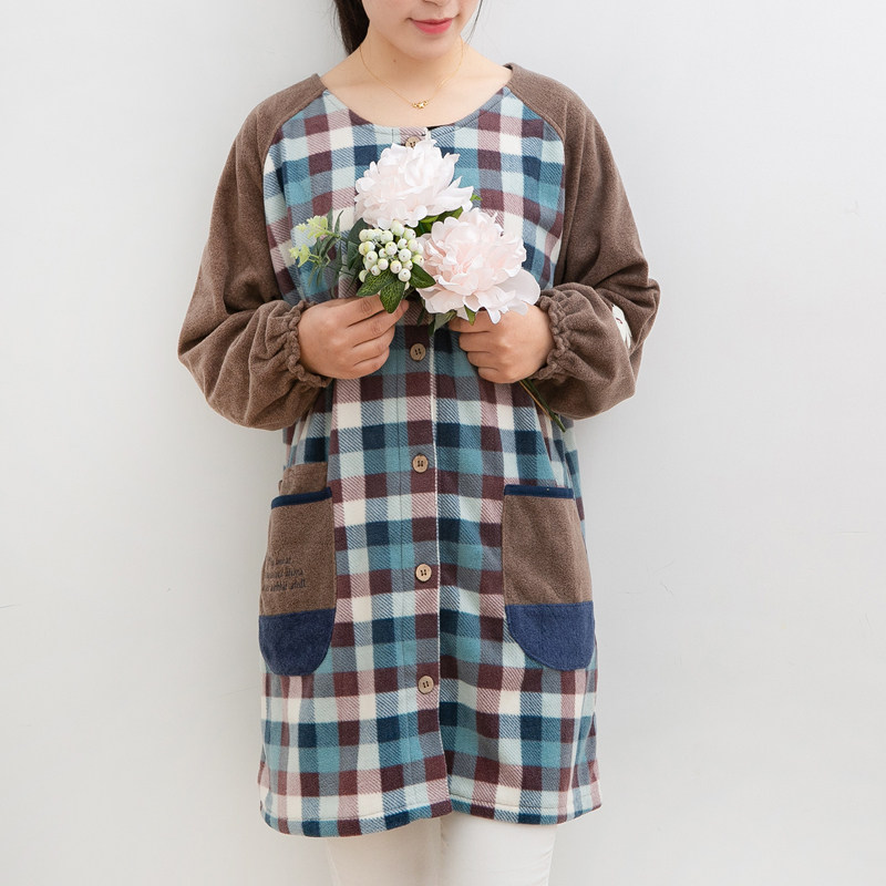 2020c冬季新款长袖棉围裙绒罩衣家居保暖做饭衣韩版前挤扣反穿衣