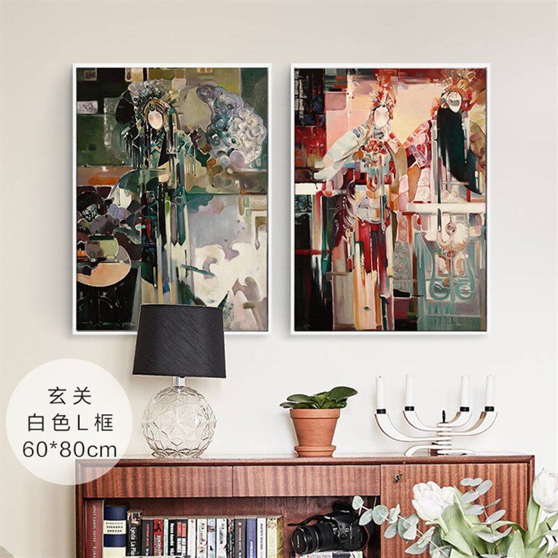 中式京剧花旦戏曲人物抽象油画酒店餐厅背景样板房玄W关晶瓷装饰