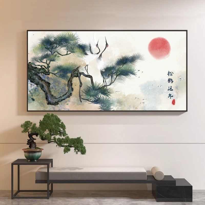 松鹤延年客厅山水画挂画床头y国画壁画背景墙仙鹤图装饰画中堂画