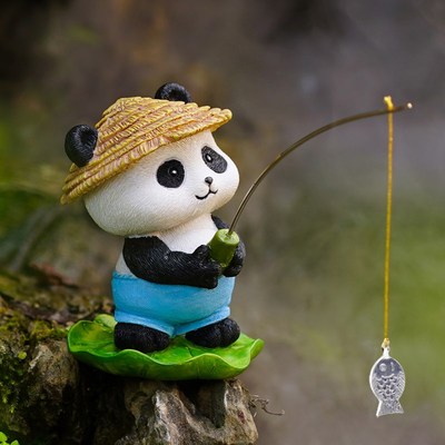 鱼缸水族箱造景熊猫钓鱼翁庭院流水鱼池假山乌龟缸微景观装饰摆件