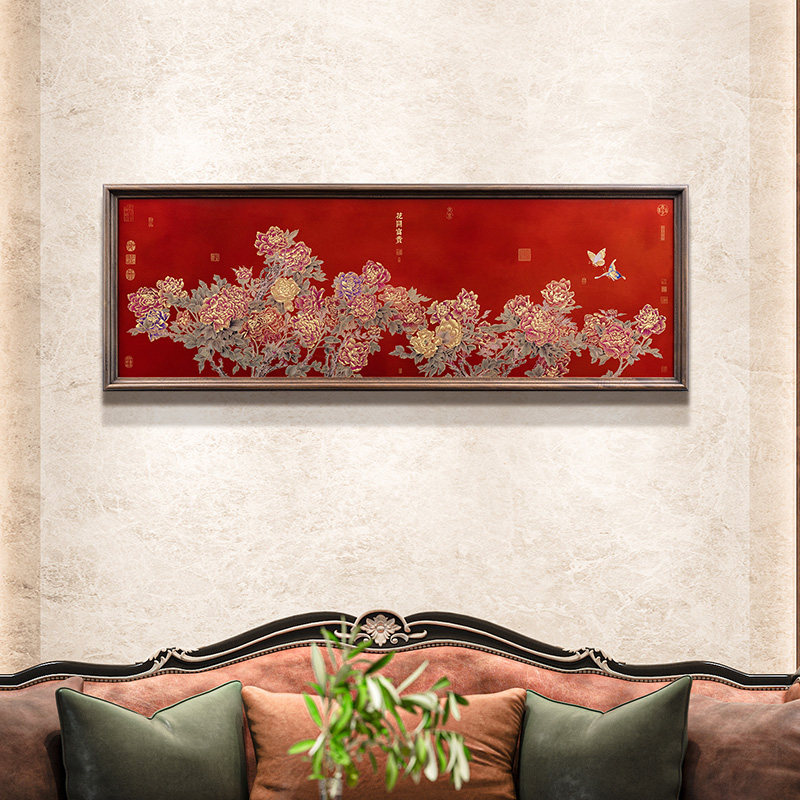 客厅装饰画大厅沙发背景墙壁画牡丹挂画高端O国画新中式实木铜雕
