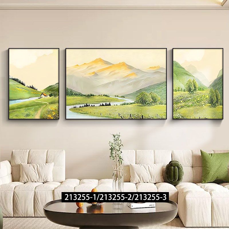 奶油风客厅装饰画背有靠山沙发背景墙挂画高级感山水画.三联画壁