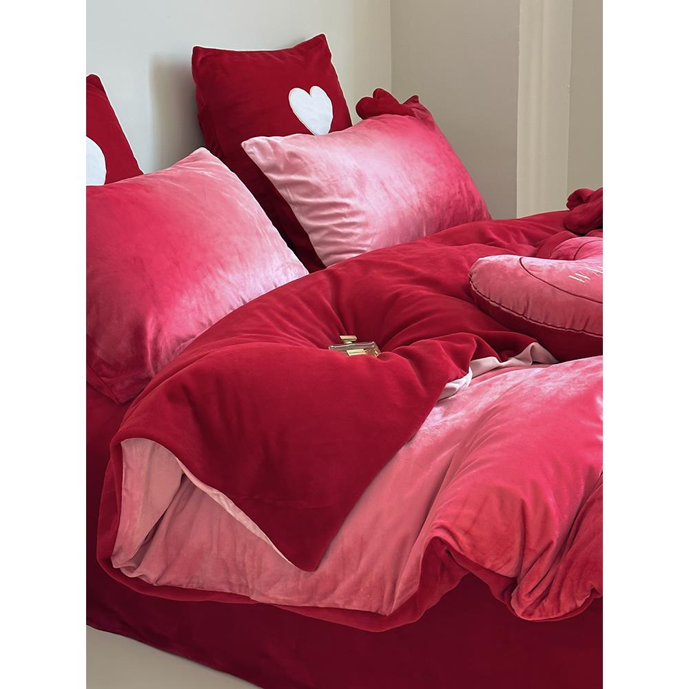 少女心牛奶绒结婚四件套冬款渐变色加厚珊瑚绒被套法兰绒床上用品