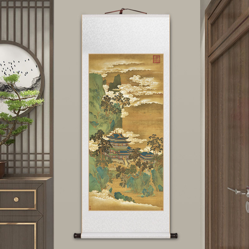 仙山楼阁图青绿山水仿古挂画新中式客厅装饰画书房茶室玄关画画国