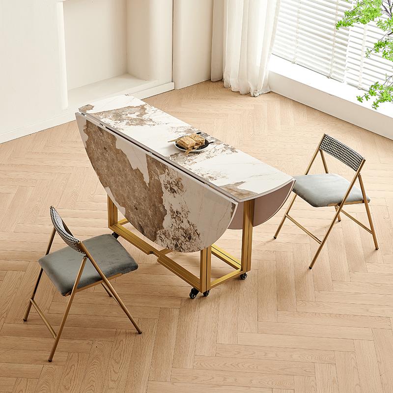 小户型家用折叠餐桌圆形吃饭桌简约可收纳餐桌椅组合轻奢岩板圆桌