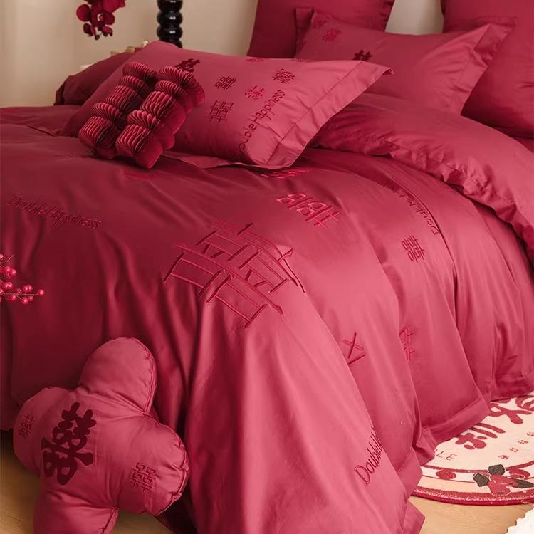 浪漫婚庆全棉床单四件套100S喜刺绣被套床上用品结婚床笠红金色