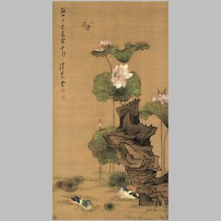 明陳洪綬荷花鴛鴦圖國畫辦公客廳書房臥室畫芯高清宣紙微噴打印