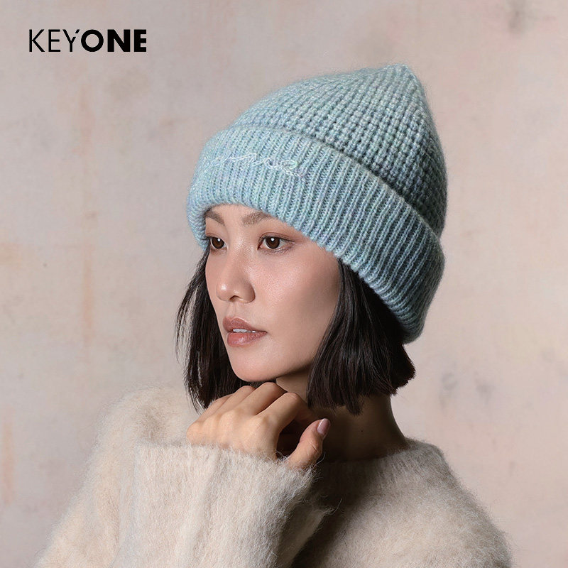 KEYONE针织毛线帽女秋冬休闲蓝色冷帽男女同款秋冬帽子含羊毛