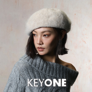 KEYONE毛绒贝雷帽女秋冬百搭显脸羊毛小画家帽经典款毛茸茸帽子